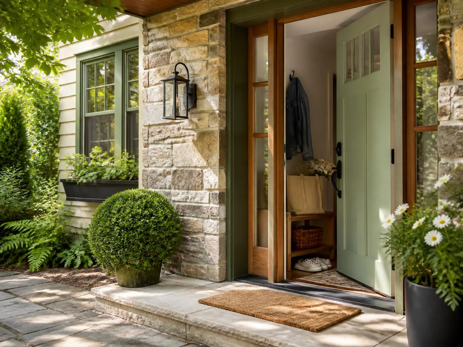 Open front door of a fieldstone and painted siding Pennsylvania home with garden flowers, a market bag and shoes on the step